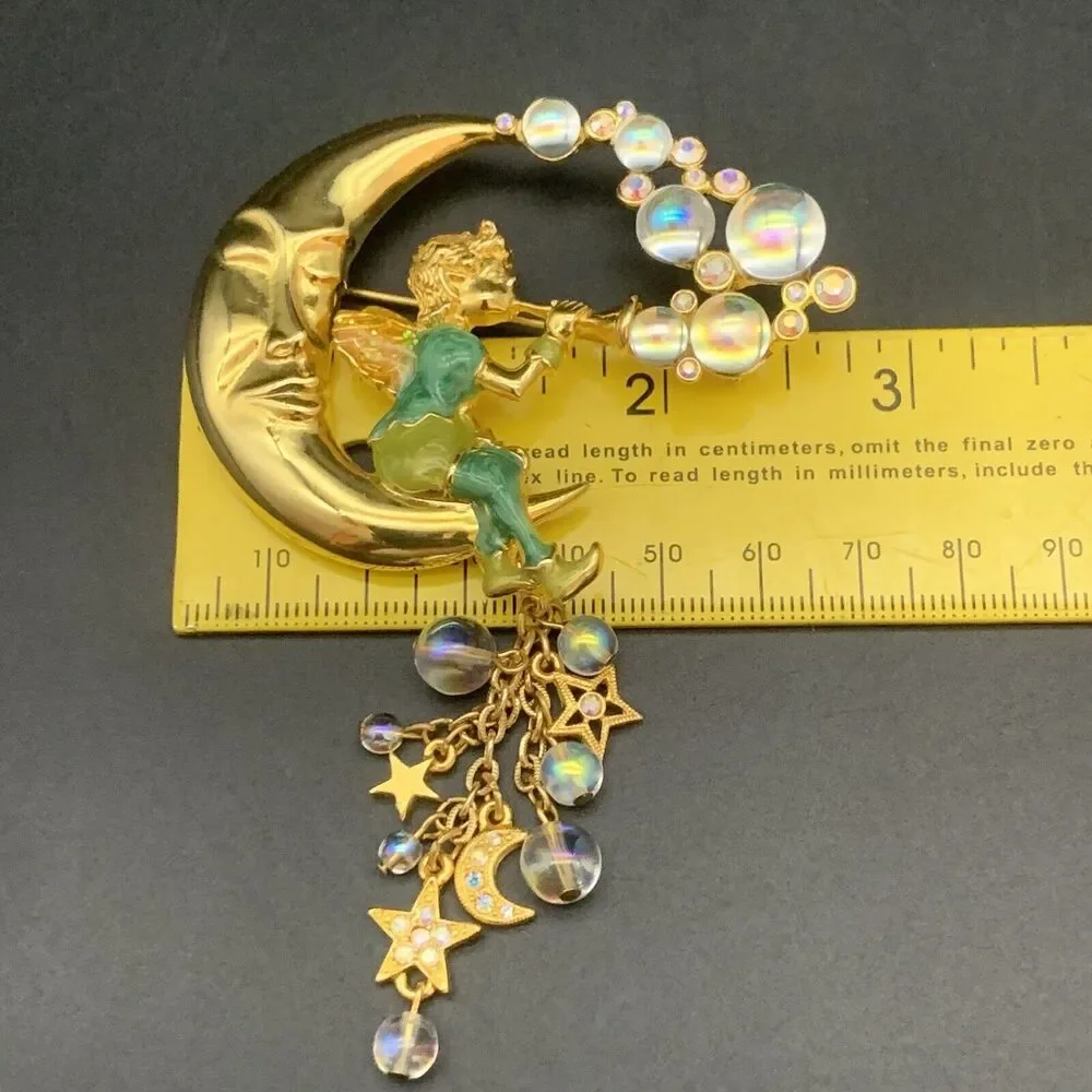 Vintage Kirks Folly Pipedream Fairy Moon Bubbles Charm Rhinestone Pin Brooch